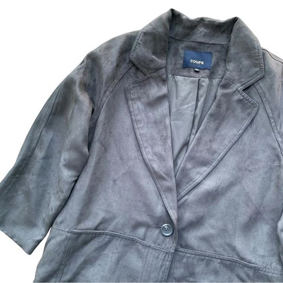 COUPS Faux Suede Buttoned Long Trench Coat Jacket Gray Korean 55 Size M/L - Picture 3 of 7